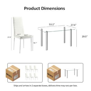 Bonnlo Dining Table Set for 6,Kitchen Table and Chairs for 6,Small Dining Room Table and 6 PU Leather Chairs for Small Place,Metal Frame,Clear&White