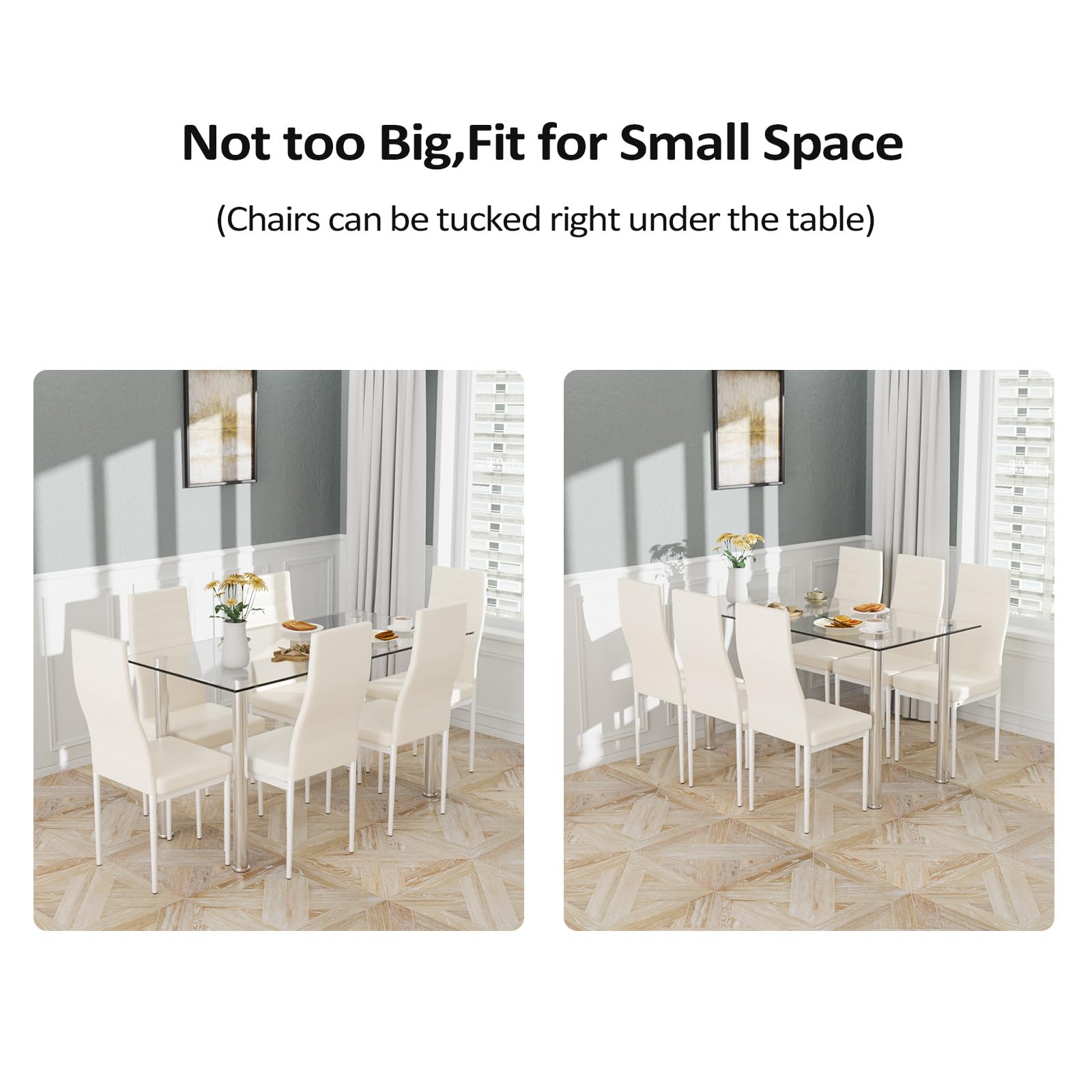 Bonnlo Dining Table Set for 6,Kitchen Table and Chairs for 6,Small Dining Room Table and 6 PU Leather Chairs for Small Place,Metal Frame,Clear&White