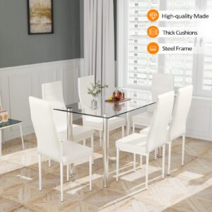 Bonnlo Dining Table Set for 6,Kitchen Table and Chairs for 6,Small Dining Room Table and 6 PU Leather Chairs for Small Place,Metal Frame,Clear&White