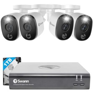 swann home dvr security camera system with 1tb hdd, 4 channel 4 camera, 1080p full hd video, indoor or outdoor wired surveillance cctv, color night vision, heat motion detection, led lights, 445804