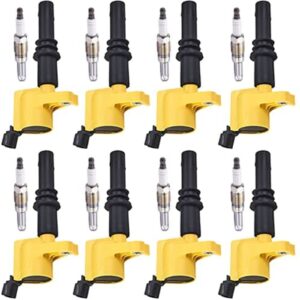 ena 8 yellow ignition coil pack and platinum spark plug set compatible with lincoln ford expedition f150 f250 f350 f450 f550 super duty mark navigator 5.4l 6.8l replacement for fd508 sp515 sp546 dg511