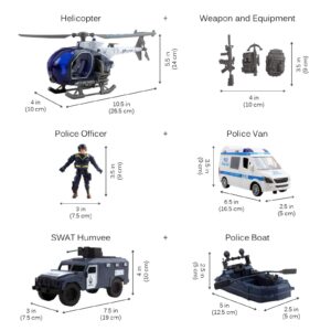 Vokodo Deluxe Police Special Operations Rescue Series Play Set Includes Armed Helicopter Armored Vehicle Ambulance Water Raft Canoe Soldier and Artillery Perfect Kids Pretend Army Action Toys