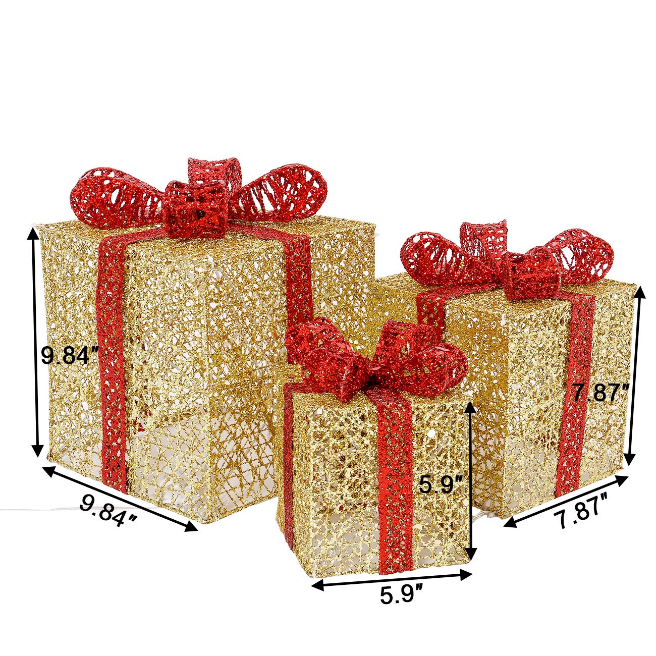 Sunnyglade 10”-8”-6” Set of 3 Christmas Lighted Gift Boxes with Plug for Christmas Decor, Weddings Yard Home Holiday Art Decorations (Gold)