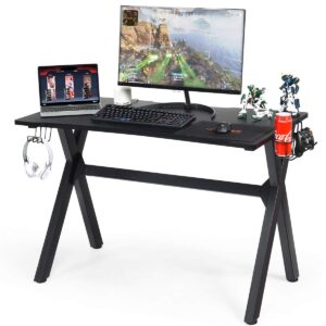 tangkula computer desk gaming desk, ergonomic e-sports desk with cup & headphone holder and mouse pad, gamer workstation with carbon fiber surface and x-shape steel frame, home office desk (black)