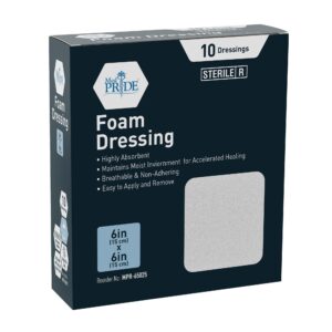 med pride foam dressings -10 pack, 6'' x 6'' - sterile, hydrophilic, highly absorbent- soft, non-adhesive pads, waterproof dressing for wound care & ulcers, post op trauma + injuries