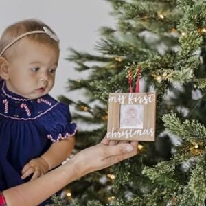 Pearhead Baby’s First Christmas Wooden Picture Frame Ornament, Newborn Milestone Keepsake Photo, Holiday Gift For New and Expecting Parents, Rustic My First Christmas Ornament