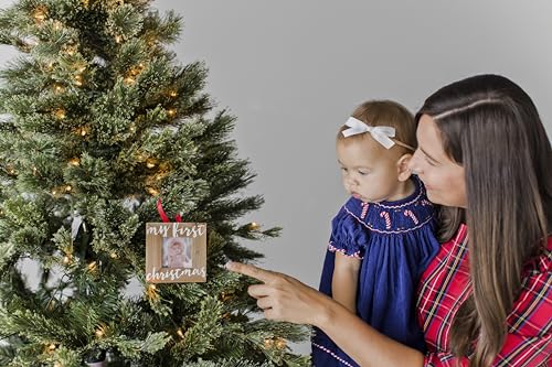 Pearhead Baby’s First Christmas Wooden Picture Frame Ornament, Newborn Milestone Keepsake Photo, Holiday Gift For New and Expecting Parents, Rustic My First Christmas Ornament