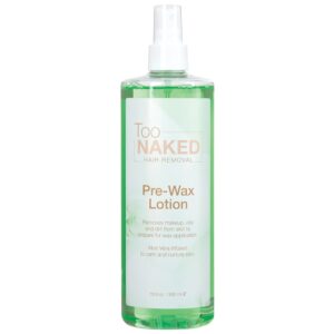 too naked pre-wax lotion, aloe vera infused, removes makeup, oil and dirt size 16.9 ounces