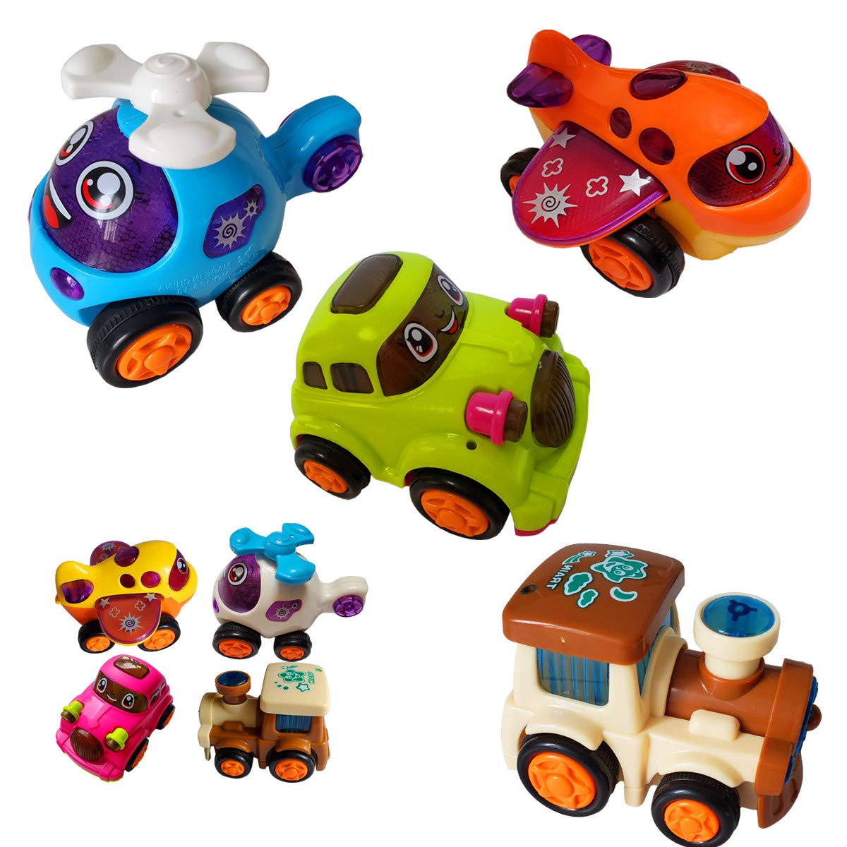 Himeeu Set of 4 Push and Go Friction Powered Vehicles,Toys Train Helicopter Airplane Car, Inertia Car Toys for Toddlers,Construction Vehicles