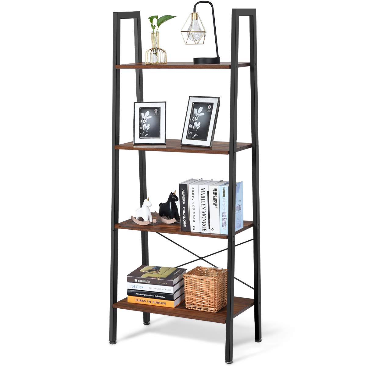 Giantex Ladder Shelf 4-Tier Industrial Bookshelf Storage Rack Shelves for Home and Office Use, Wood Display Rack with Metal Frame (Rustic Brown)