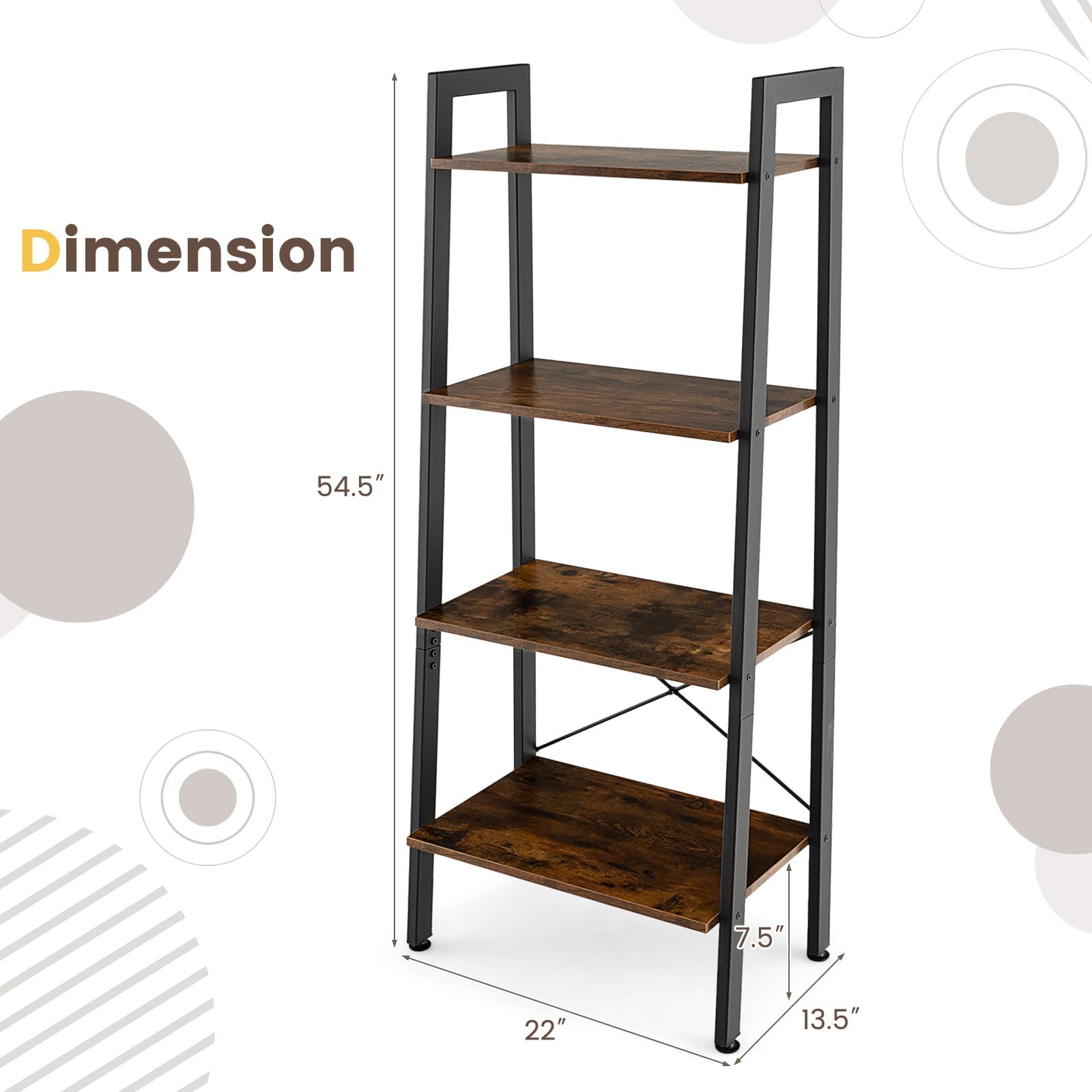 Giantex Ladder Shelf 4-Tier Industrial Bookshelf Storage Rack Shelves for Home and Office Use, Wood Display Rack with Metal Frame (Rustic Brown)