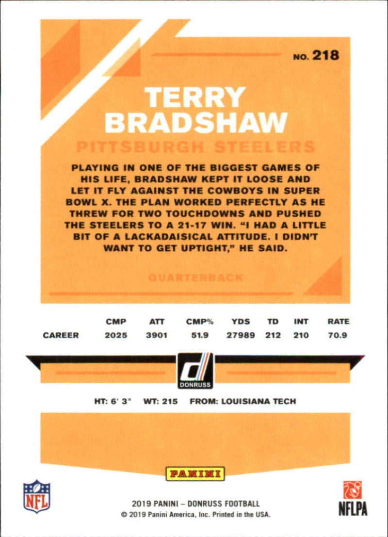 2019 Donruss Football #218 Terry Bradshaw Pittsburgh Steelers Official NFL Trading Card From Panini America