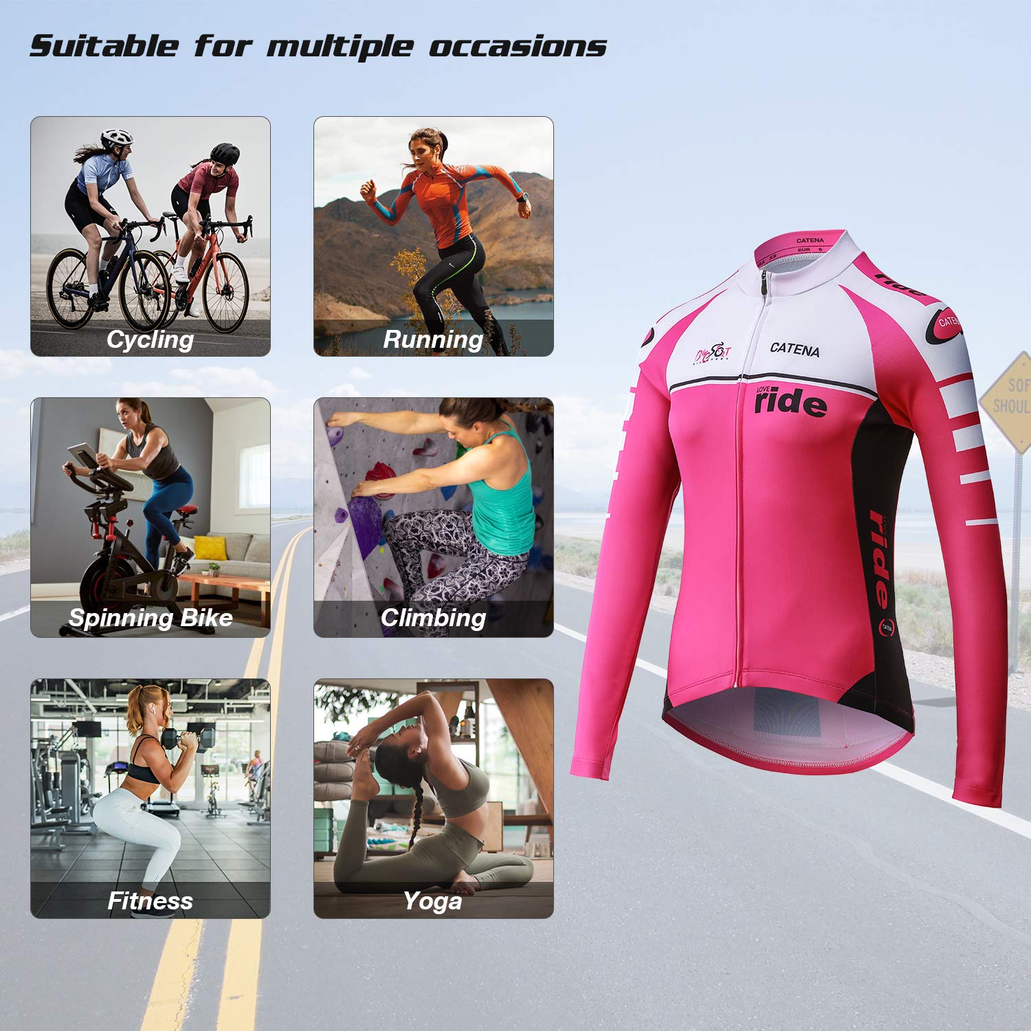 CATENA Women's Cycling Jersey Long Sleeve Shirt Running Top Moisture Wicking Workout Sports T-Shirt Womens Summer Tops Rose