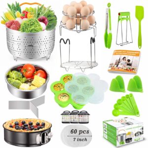 20pcs accessories for instant pot 6 qt 8qt, ninja foodi 8qt - 60 pcs parchment papers, 2 steamer baskets, springform pan,stackable egg steamer rack, instruction & recipes book