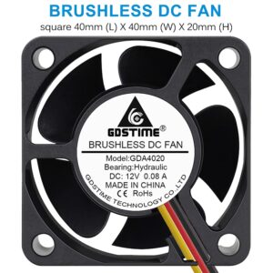 GDSTIME 40mm Fan, 12V 3Pin Fan, 40mm x 40mm x 20mm 4020 Brushless CPU Cooler (2-Pack)