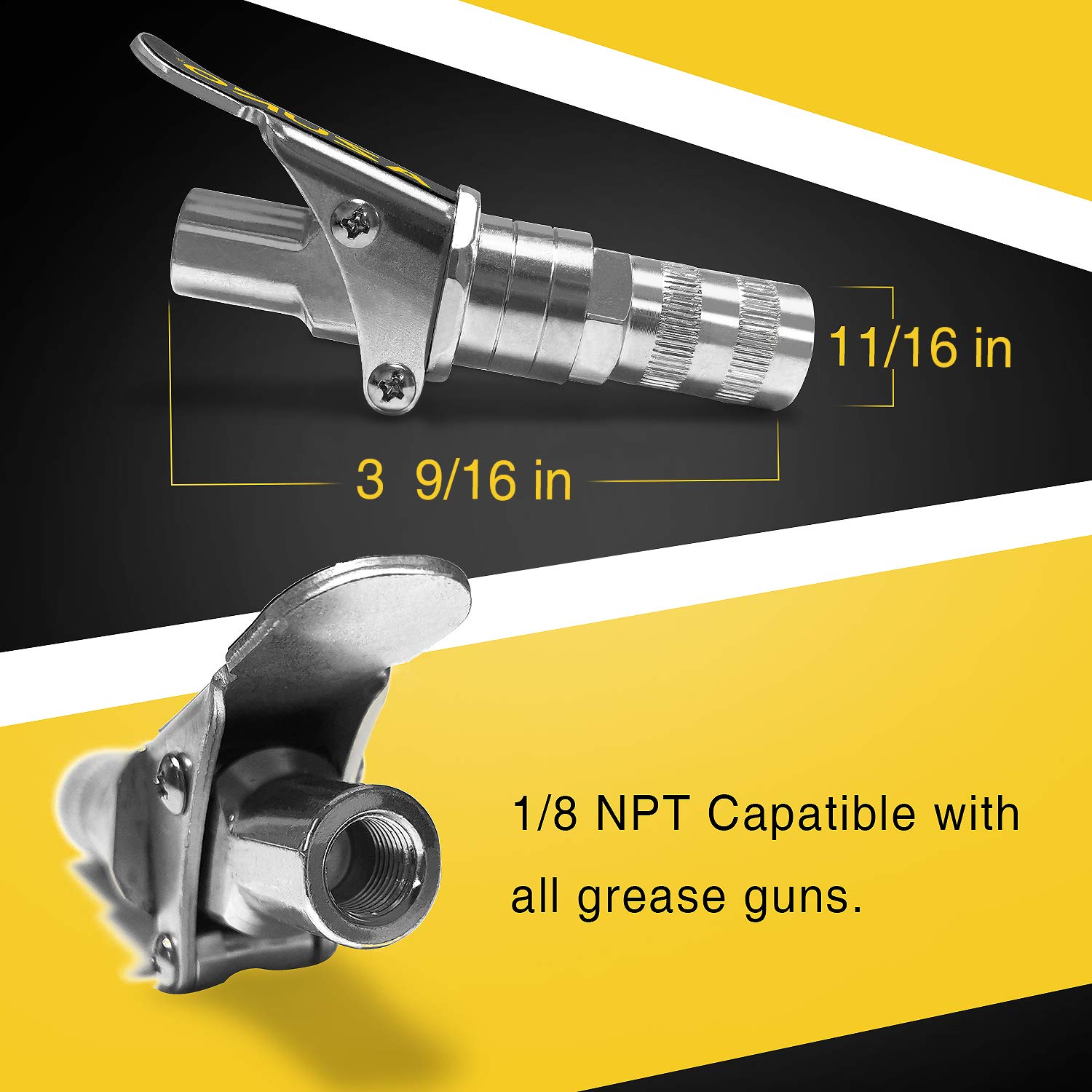 AZUNO Grease Gun Coupler, 2nd Generation Upgraded to 12,000 PSI, Grease Gun Tips Quick Lock and Release, Compatible with All Grease Guns 1/8" NPT Grease Gun Fittings (2 Pack)