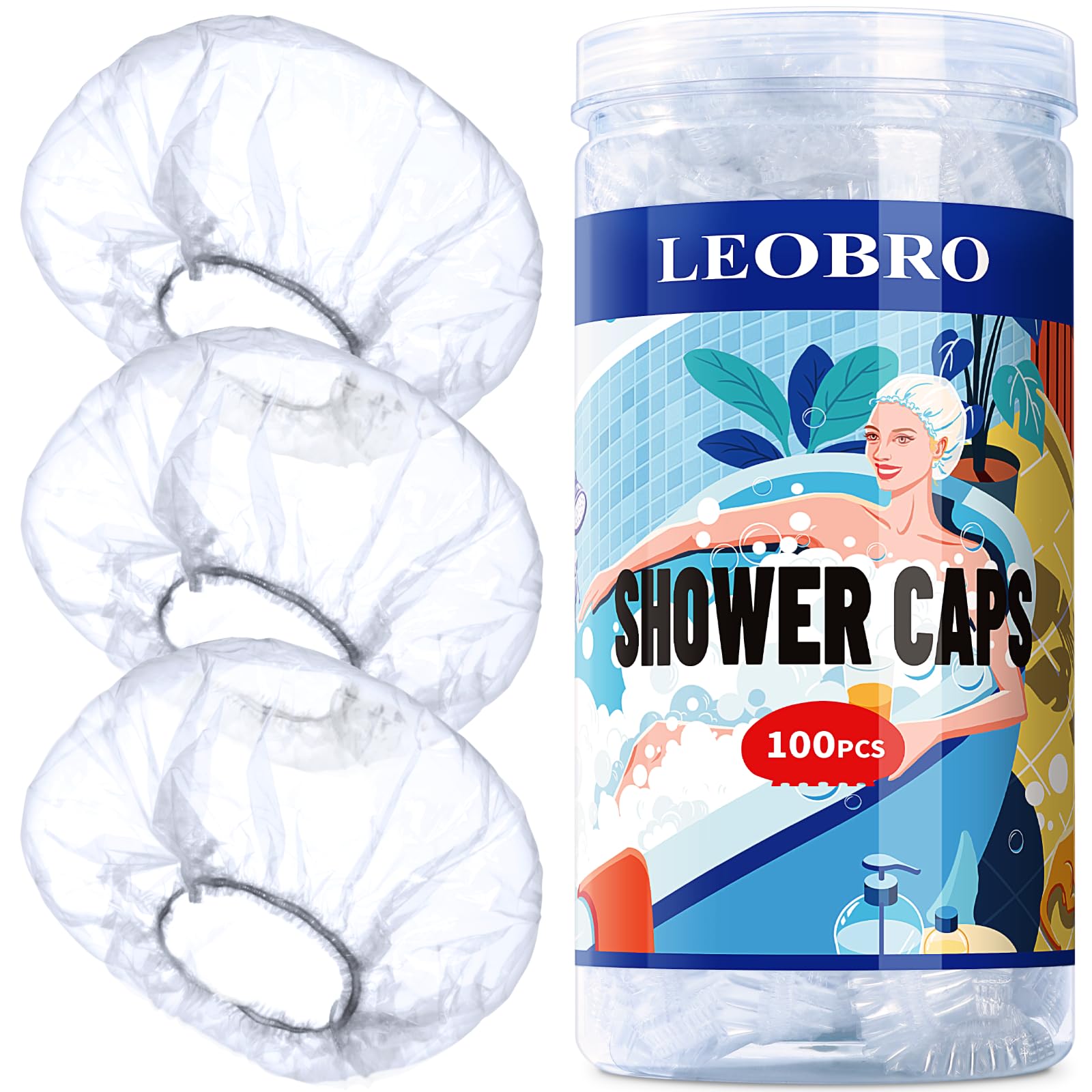 LEOBRO Disposable Shower Caps, 100PCS Shower Caps, Shower Cap for Women Waterproof, Disposable Clear Plastic Shower Cap for Women, Thick Plastic Caps for Hair Treatment, Regular Size 17.3 INCH