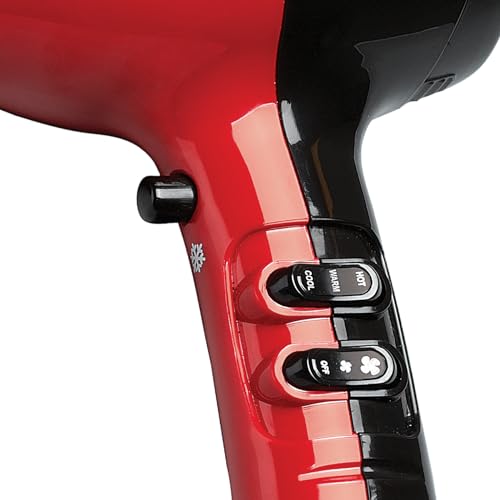 KISS 1875 Watt Pro Tourmaline Ceramic Hair Dryer, 3 Heat Settings, 2 Speed Slide Switch, Cool Shot Button, 2 Detangler Combs, 1 Concentrator, 1 Diffuser, Removable Filter Cap & 4 Sectioning Clips Red