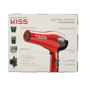 KISS 1875 Watt Pro Tourmaline Ceramic Hair Dryer, 3 Heat Settings, 2 Speed Slide Switch, Cool Shot Button, 2 Detangler Combs, 1 Concentrator, 1 Diffuser, Removable Filter Cap & 4 Sectioning Clips Red