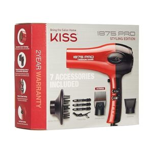 KISS 1875 Watt Pro Tourmaline Ceramic Hair Dryer, 3 Heat Settings, 2 Speed Slide Switch, Cool Shot Button, 2 Detangler Combs, 1 Concentrator, 1 Diffuser, Removable Filter Cap & 4 Sectioning Clips Red