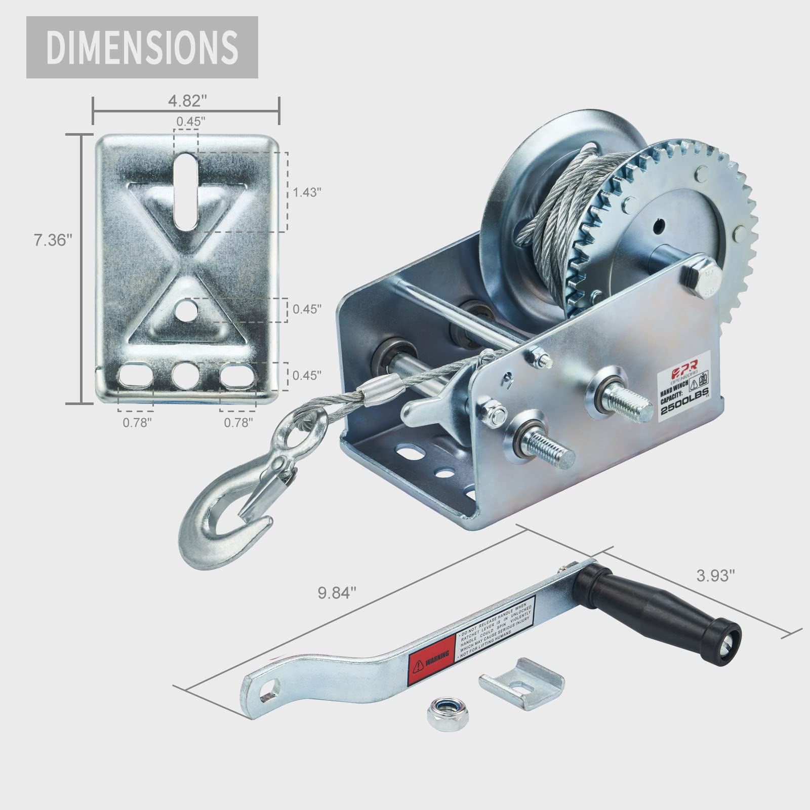 OPENROAD 2500LB Boat Trailer Winch-32FT Steel Cable, Heavy Duty Hand Winch with 2-Way Ratchet 4:1/8:1 Gear System - Ideal for Boats, Trailers, RVs, ATVs, and Jet Skis