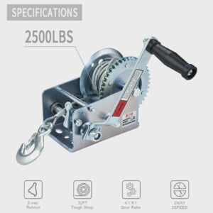 OPENROAD 2500LB Boat Trailer Winch-32FT Steel Cable, Heavy Duty Hand Winch with 2-Way Ratchet 4:1/8:1 Gear System - Ideal for Boats, Trailers, RVs, ATVs, and Jet Skis