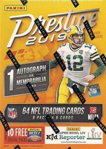 2019 panini prestige football series unopened blaster box of packs with one autograph or exclusive memorabilia and 8 rookie cards in each box