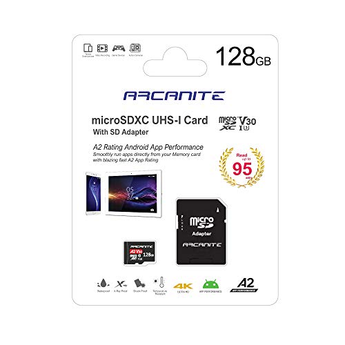 ARCANITE 128GB microSDXC Memory Card with Adapter - A2, UHS-I U3, V30, 4K, C10, Micro SD, Optimal Read speeds up to 95 MB/s