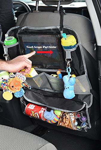 Jeep J is Deluxe Backseat Car Organizer, Kickmat Seat Protector, Universal Design with Pockets, Bottle Holder, Touch Screen Enabled Tablet Holder and Removable Travel Pouch, Snack, Toys, Gadget