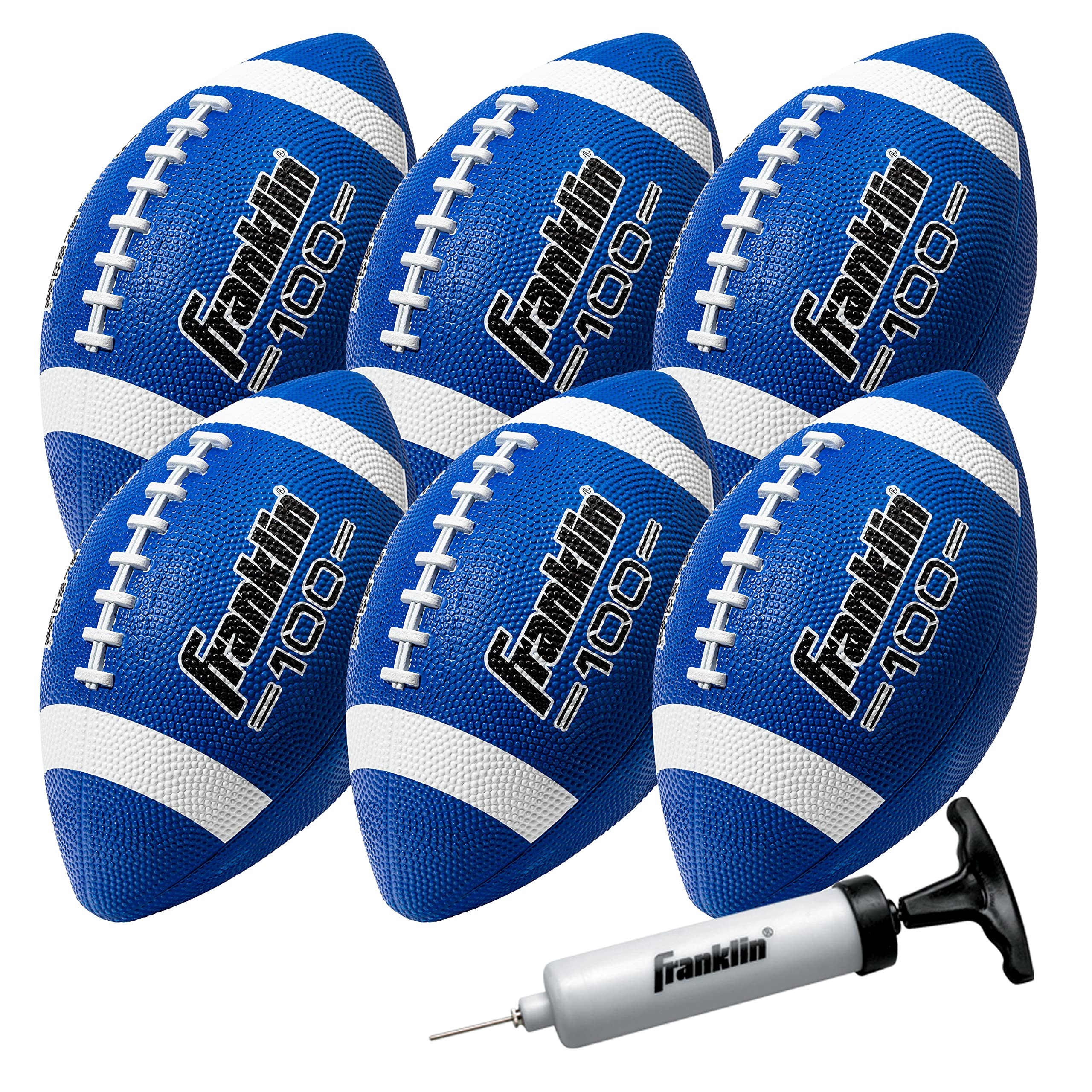 Franklin Sports Junior Footballs - Grip-Rite 100 - Kids Junior Size Rubber Footballs - Youth Footballs - 6 Pack of Footballs with Pump - Blue/White