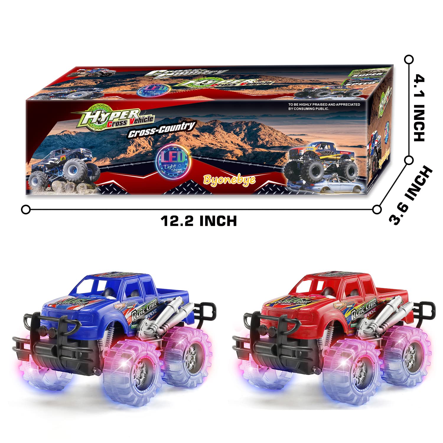 2 Pack Light Up Monster Truck Car Toy with Beautiful Flashing LED Tires, Best Birthday Gift for Boy Girl Ages 3+, Push n Go Cars, Friction Toy, Race Truck Car for Kid Party Favors and Daily Play