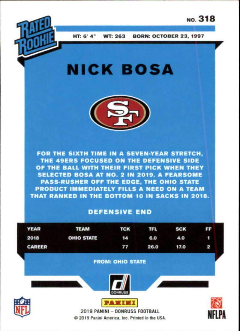 2019 Donruss Football #318 Nick Bosa San Francisco 49ers Rated Rookies Rookie Card RC