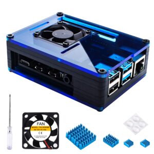 miuzei raspberry pi 4 case with fan cooling , 4 pcs aluminum heat sinks , case for raspberry pi 4 model b -black/blue (pi 4 board not included)