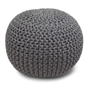 simplihome nikki round hand knit pouf, footstool, upholstered in grey cotton, for the living room, bedroom and kids room, boho