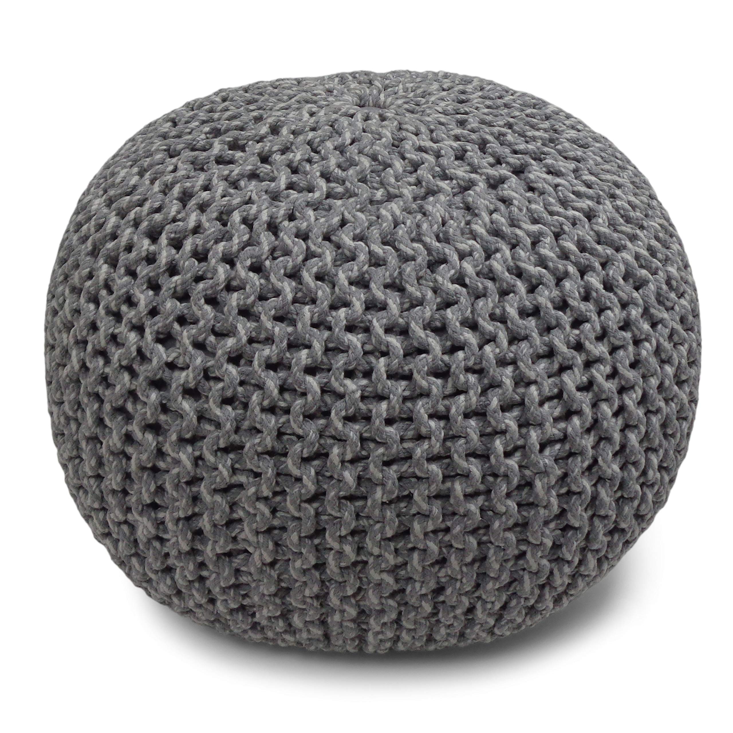 SIMPLIHOME Nikki Round Hand Knit Pouf, Footstool, Upholstered in Grey Cotton, for the Living Room, Bedroom and Kids Room, Boho