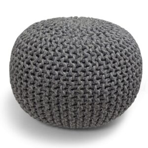 SIMPLIHOME Nikki Round Hand Knit Pouf, Footstool, Upholstered in Grey Cotton, for the Living Room, Bedroom and Kids Room, Boho