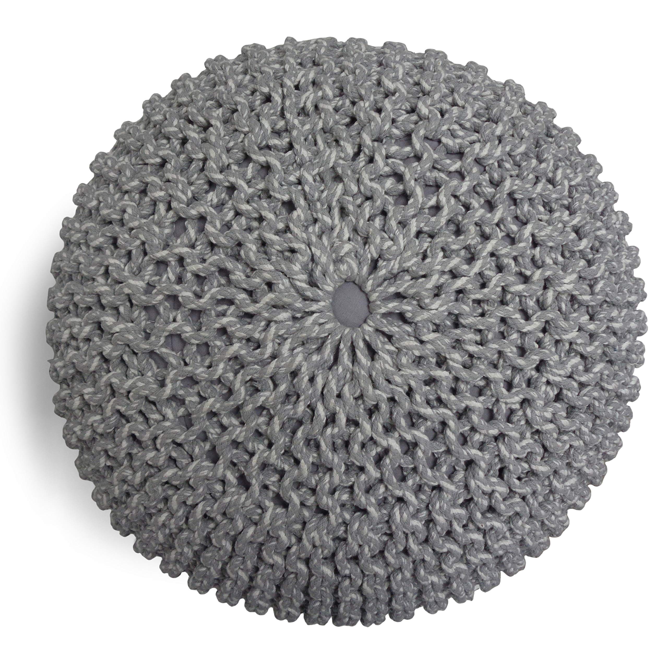 SIMPLIHOME Nikki Round Hand Knit Pouf, Footstool, Upholstered in Grey Cotton, for the Living Room, Bedroom and Kids Room, Boho