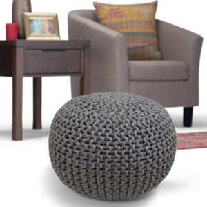 SIMPLIHOME Nikki Round Hand Knit Pouf, Footstool, Upholstered in Grey Cotton, for the Living Room, Bedroom and Kids Room, Boho