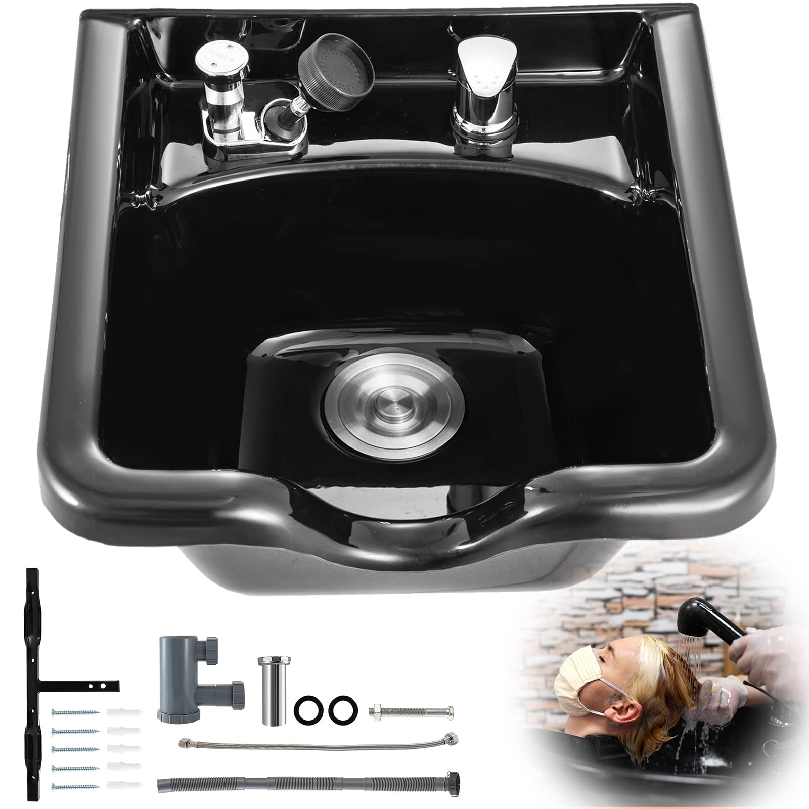 Happybuy Shampoo Bowl Sink Black ABS Plastic Salon and Spa Hair Sink Beauty Salon Equipment for Hair Stylists