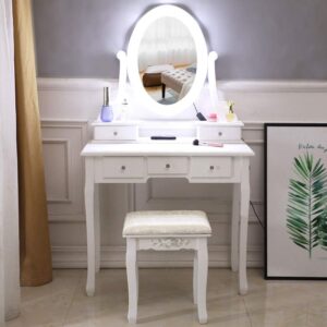 SANGDA Vanity Table Set,5 Drawers Makeup Dressing Desk with Stool Lights Mirror and Stool Set Dressing Table Kit for Girls Women Home Dressing Room Makeup Home Furniture Decor(White,31x15x55inch)