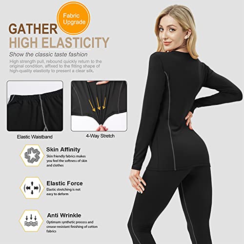 MeetHoo Thermal Underwear for Women, Winter Warm Base Layer Compression Set Fleece Lined Long Johns, Black, Small