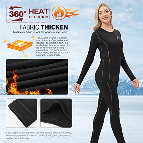 MeetHoo Thermal Underwear for Women, Winter Warm Base Layer Compression Set Fleece Lined Long Johns, Black, Small