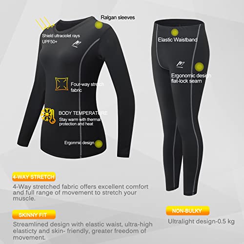 MeetHoo Thermal Underwear for Women, Winter Warm Base Layer Compression Set Fleece Lined Long Johns, Black, Small