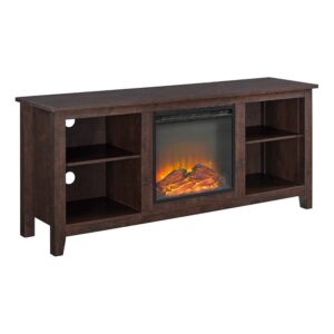 bowery hill 58" minimal farmhouse electric fireplace tv stand console rustic wood entertainment center with storage, for tv's up to 64", in brown