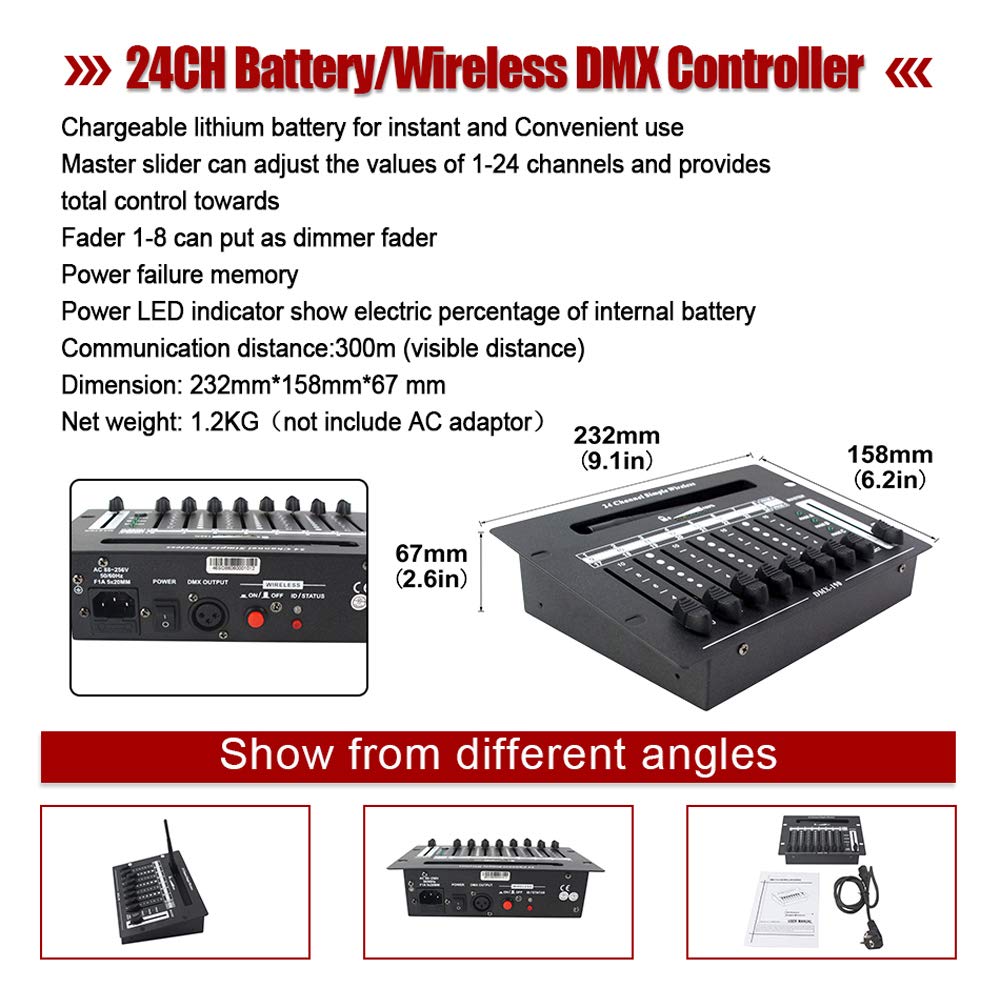 V-Show DMX dj Controller - 24CH Battery& Wireless Controllers for Battery Wirless DMX Uplight