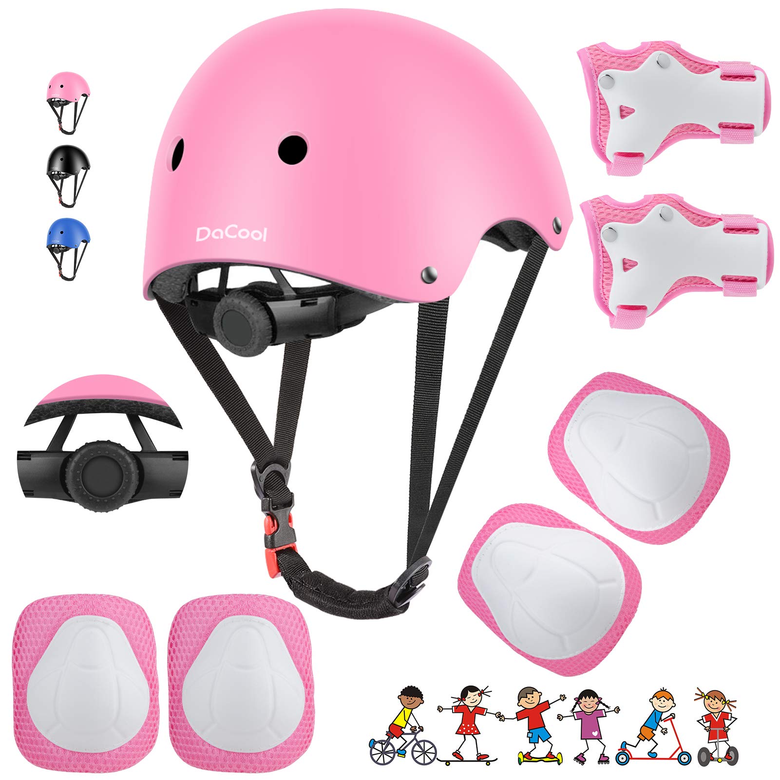 DaCool Kids Bike Helmet Skateboard Knee Pads - Toddler Helmet Adjustable for 3~10yrs Girls Boys Child Kids Protective Gear Set for Sport Cycling Bike Roller Skating Scooter, Pink