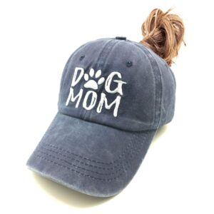 waldeal dog mom ponytail hat, gifts for dog lovers, adjustable embroidered messy bun ponycap navy