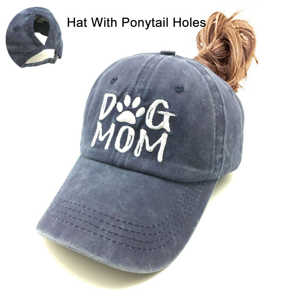 Waldeal Dog Mom Ponytail Hat, Gifts for Dog Lovers, Adjustable Embroidered Messy Bun Ponycap Navy