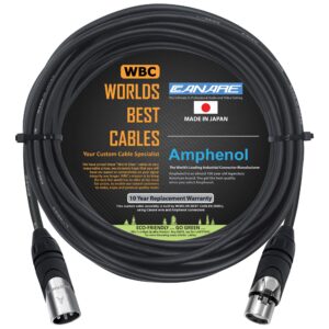 worlds best cables 35 foot - canare l-4e6s, star quad balanced male to female microphone cables with amphenol ax3m & ax3f silver xlr connectors - custom made