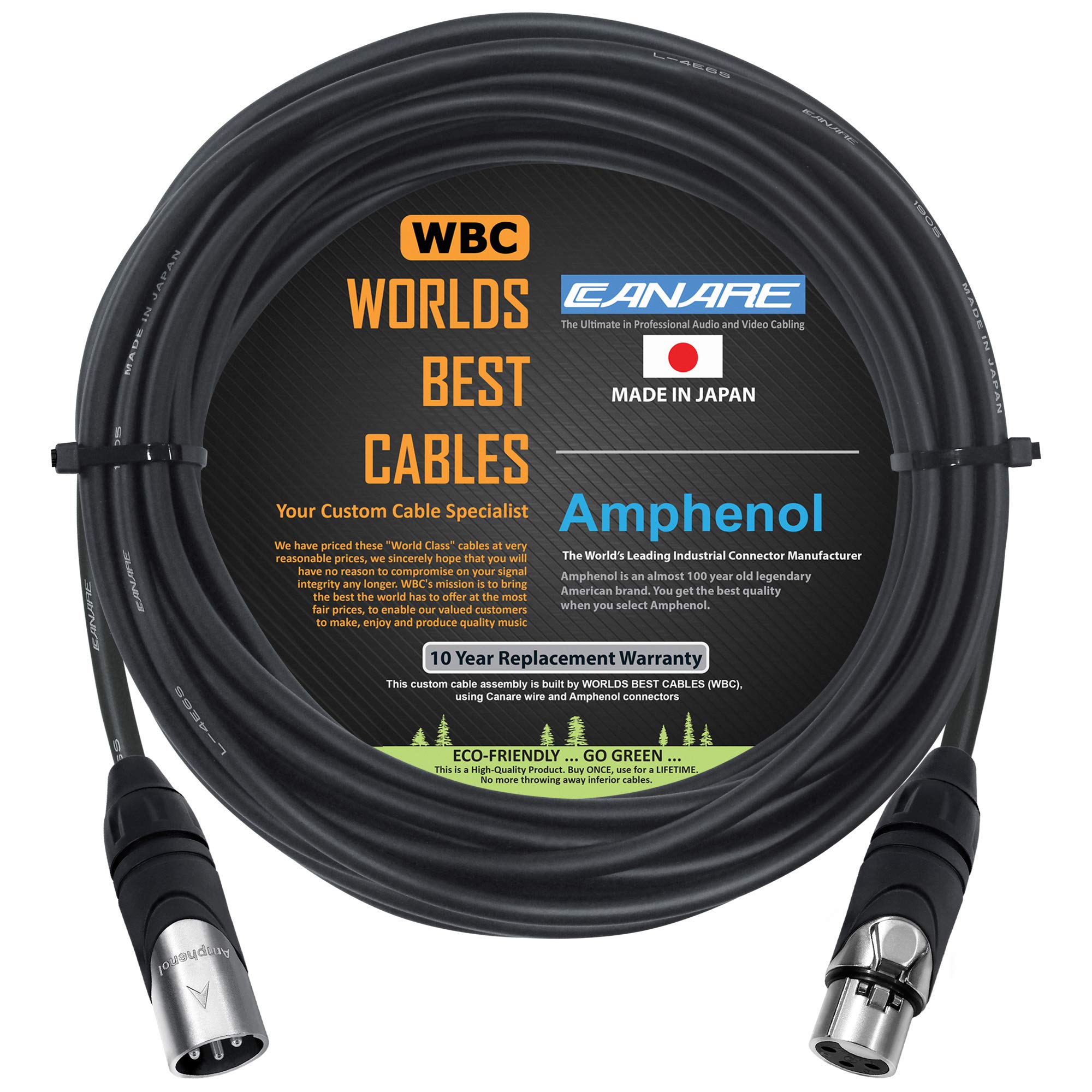 WORLDS BEST CABLES 35 Foot - Canare L-4E6S, Star Quad Balanced Male to Female Microphone Cables with Amphenol AX3M & AX3F Silver XLR Connectors - Custom Made